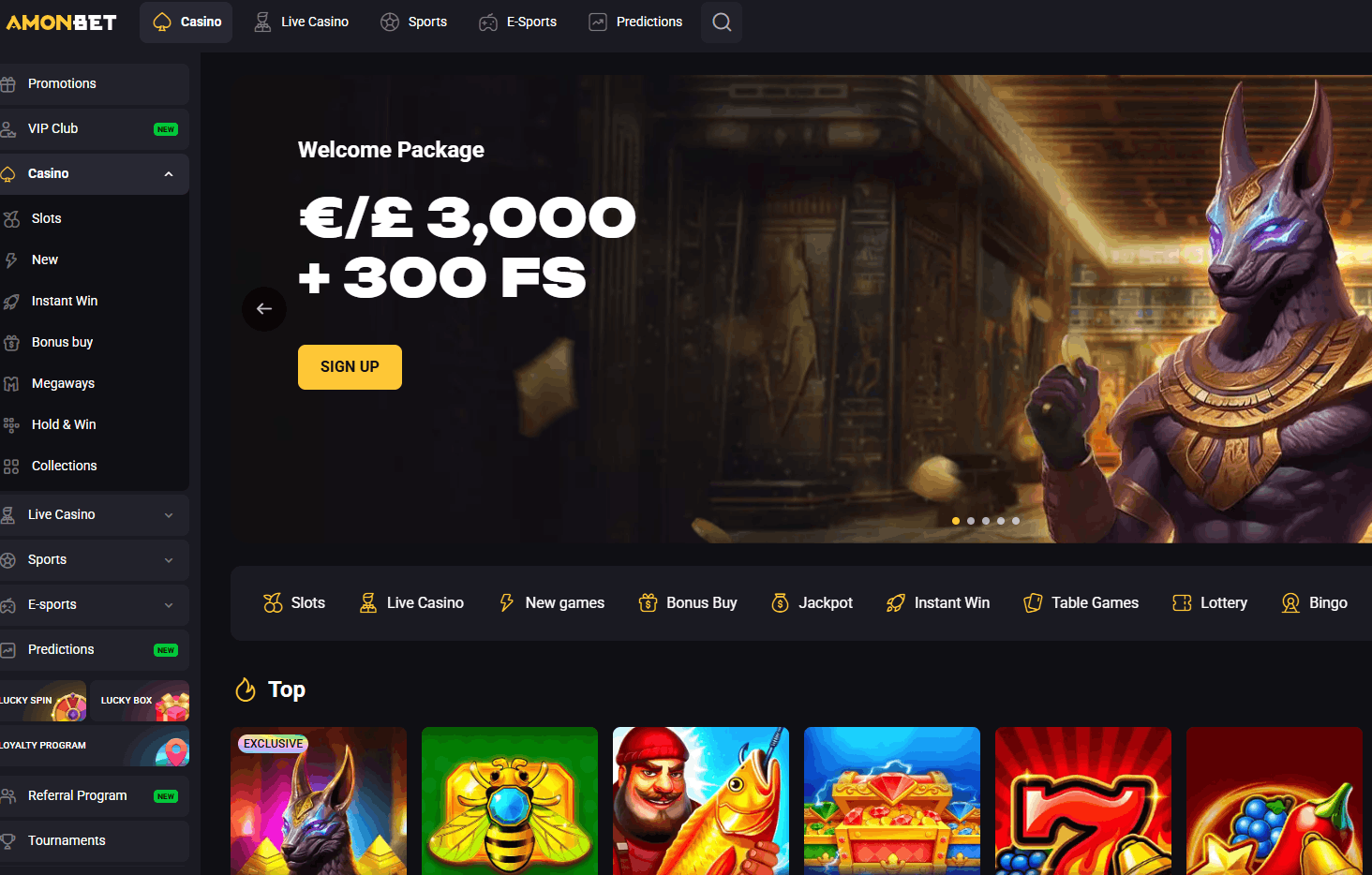 AmonBet Casino – 250% welkomstbonus tot €3.000 + 300 gratis spins